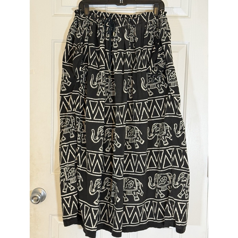 Drawstring 100% Cotton Boho India Elephant Print Maxi Skirt Pockets Size‎ M-1x
